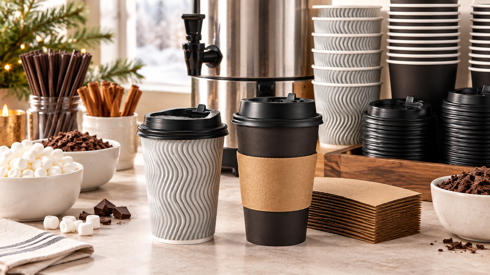 Hot chocolate bar setup with insulated paper cups, toppings, lids and kraft sleeves