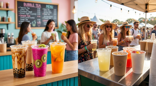 Colorful bubble tea and fruit smoothies at outdoor event. Refreshing summer drinks