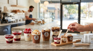Variety of 'Baked By' desserts in cups, wooden spoons, displayed in bakery