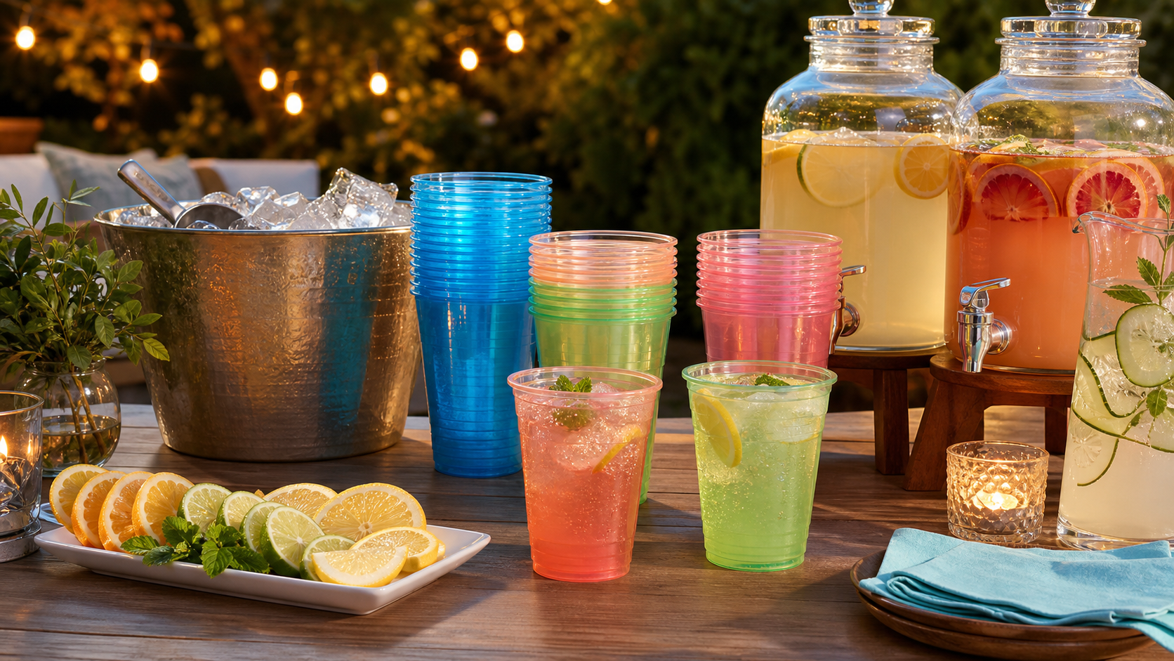 Neon plastic cups at an adult backyard party drink station with mocktail dispensers, ice, and citrus garnishes