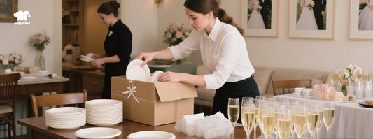 Staff preparing for an event by unpacking bulk disposable plates and organizing plastic champagne flutes on a table. Ideal setup for storing stackable cups, bulk disposable tableware, and plastic champagne flutes in restaurants or offices.