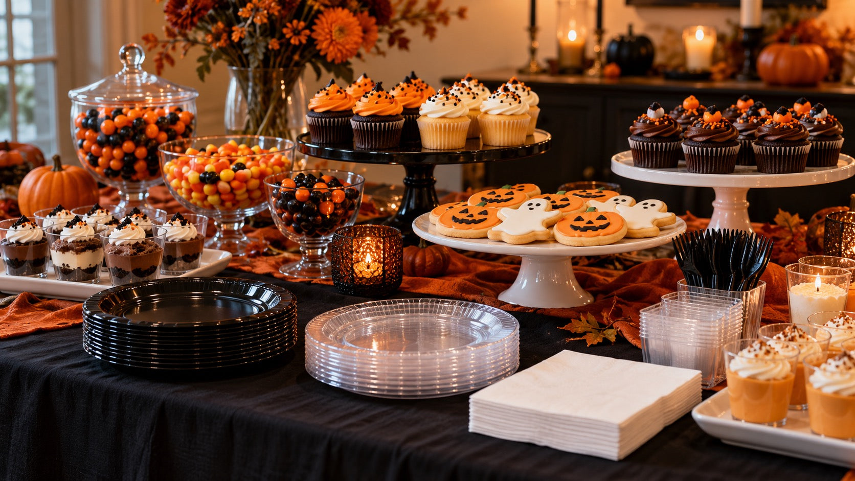 Halloween dessert table with black plates, clear dessert cups, napkins and cupcakes