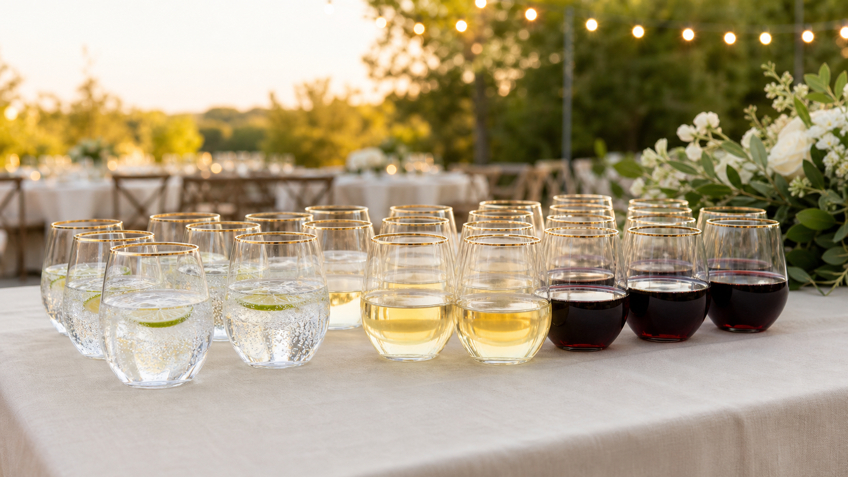Clear gold-rimmed stemless plastic wine glasses arranged for an outdoor wedding beverage service