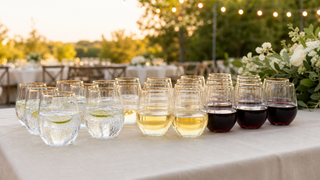 Clear gold-rimmed stemless plastic wine glasses arranged for an outdoor wedding beverage service