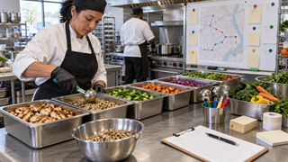 Restaurant meal prep planning workflow with stainless food pans and portion tools