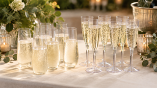 Clear stemless champagne flutes and traditional stemmed flutes arranged at an event drink station