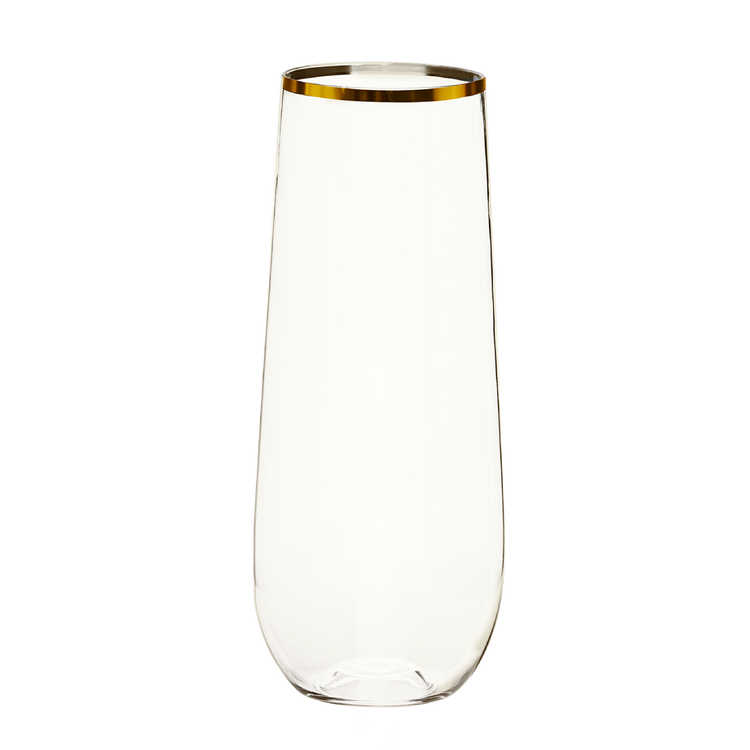 Jolly Chef Egg-shaped Cups Collection Main Image showing a single clear stemless gold rim plastic champagne flute.
