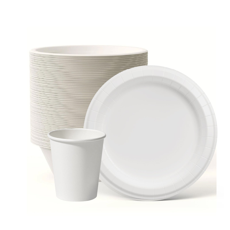 Jolly Chef Solid-color Tableware Collection Main Image featuring a white paper cup and a round plate in front of a stack of paper plates.