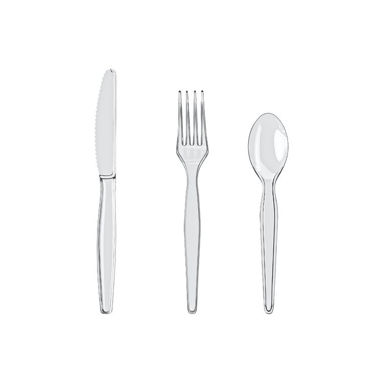 Jolly Chef Flatwares Collection Main Image showing a set of flatware includes a clear plastic fork, a clear plastic knife and a clear plastic spoon.
