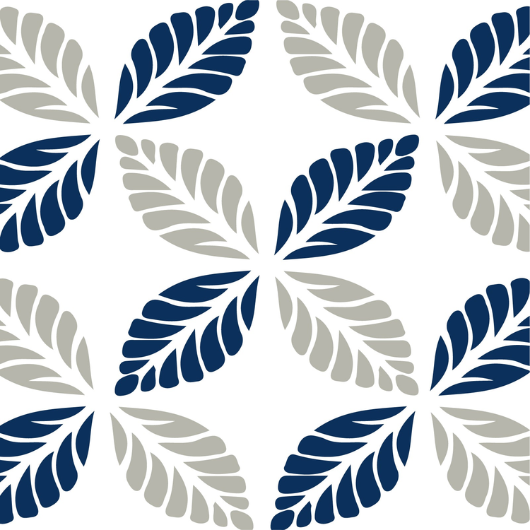 Jolly Chef Patterned Tableware Collection Main Image showing a repeating pattern of stylized leaves in navy blue and gray, set against a white background.