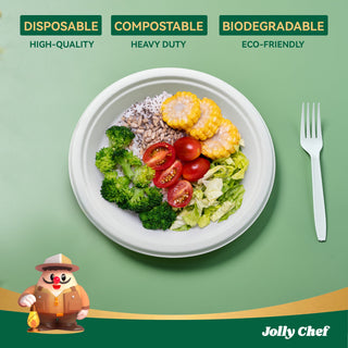 Jolly Chef 7 inches or 9 inches compostable, disposable and eco-friendly paper plate served with rice, broccoli and lettuce