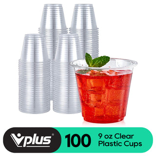A stack of clear plastic cups beside a filled cup featuring a red drink with ice and a mint leaf, labeled "100 - 9 oz Clear Plastic Cups."