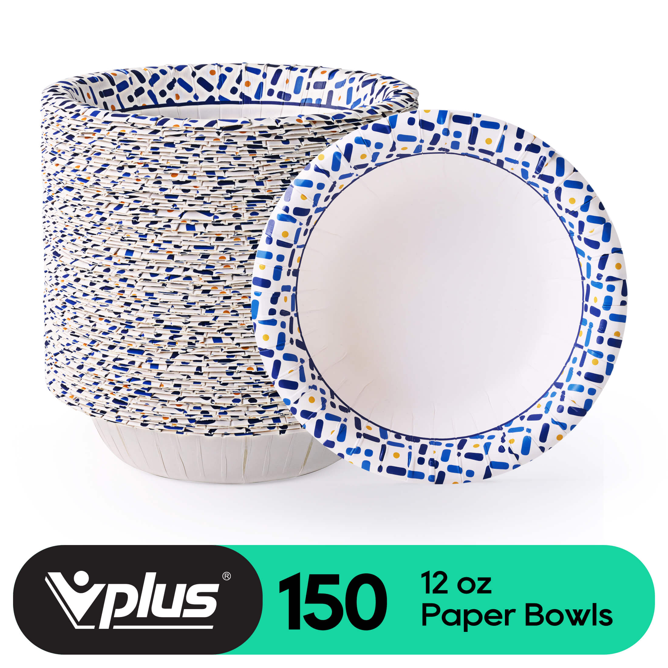 A stack of 150 colorful 12 oz paper bowls with a modern design, featuring vibrant blue and yellow patterns, displayed on a white background.
