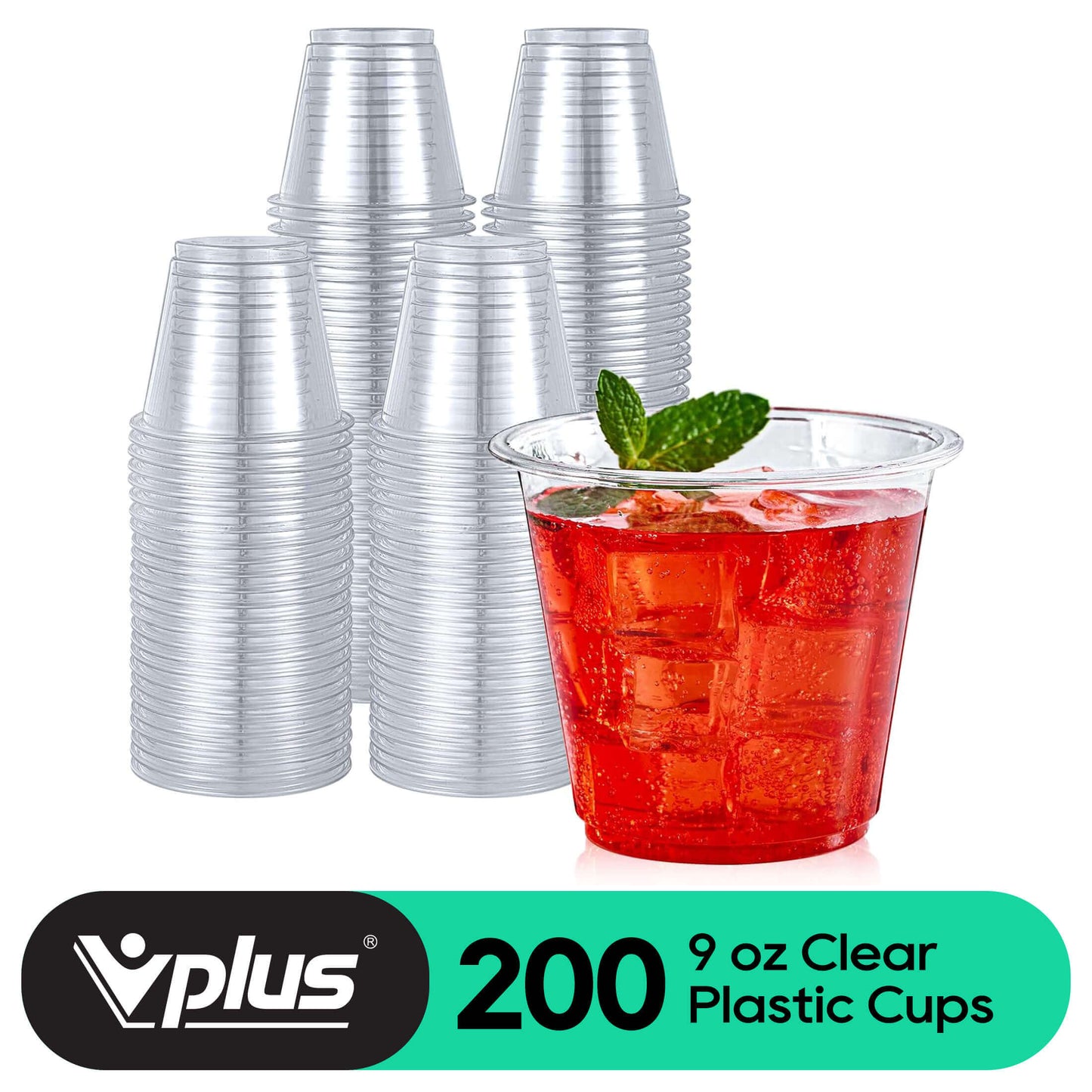 A stack of 200 clear 9 oz plastic cups beside a filled cup of red beverage with ice and a mint leaf garnish.
