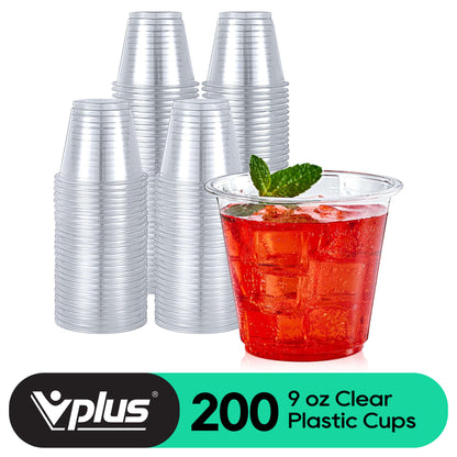 A stack of 200 clear 9 oz plastic cups beside a filled cup of red beverage with ice and a mint leaf garnish.