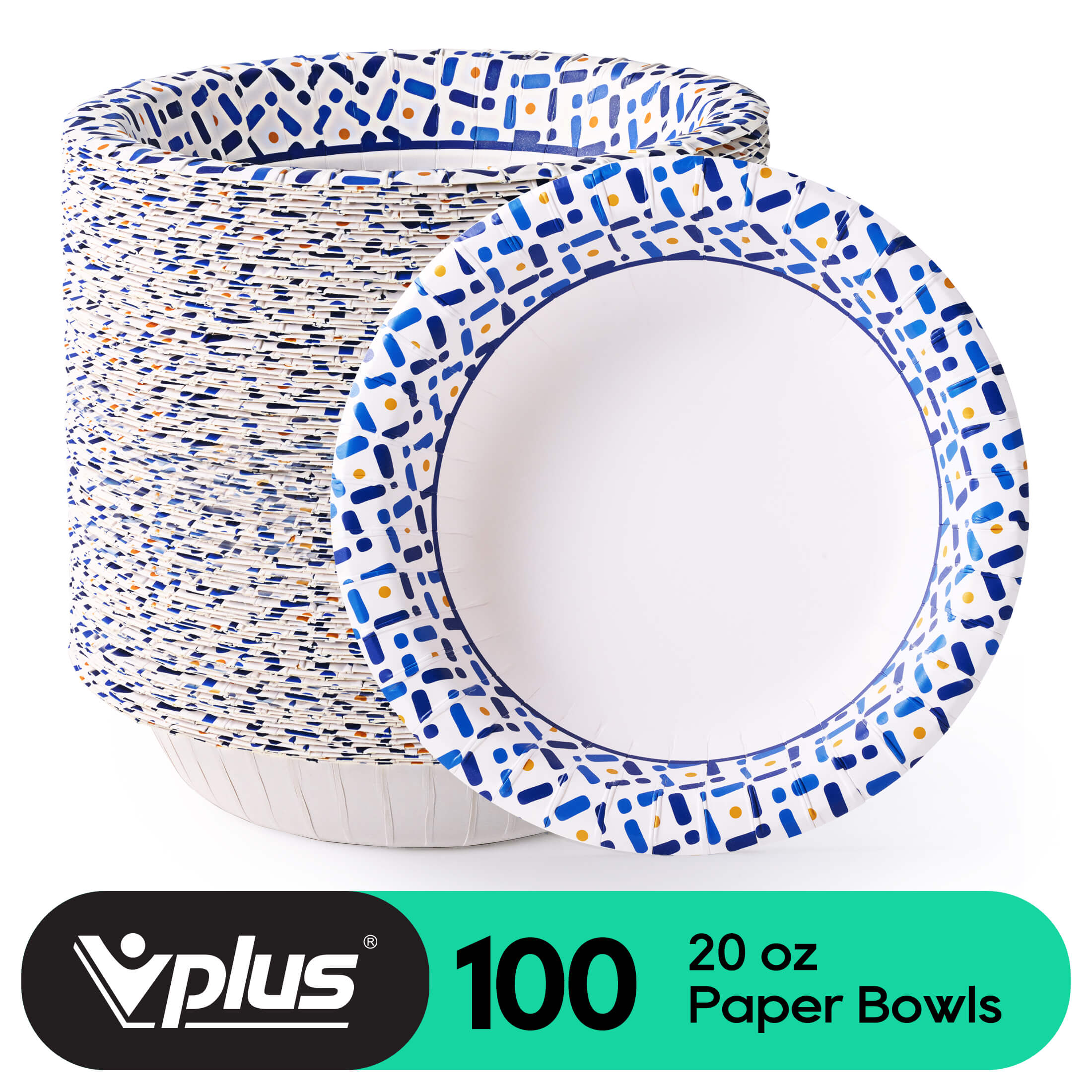 Stack of 100 Vplus 20 oz paper bowls featuring a colorful blue and gold design on the rim, placed against a white background.