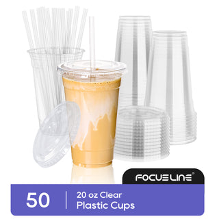 A stylish 20 oz clear plastic cup with iced coffee, surrounded by additional cups, lids, and straws, showcasing a set of 50.