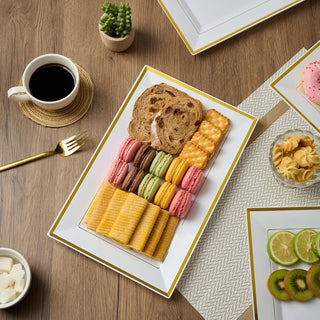 White and Gold Rim Rectangle Plastic Serving Trays - Wedding & Parties - Focusline - JOLLYCHEF