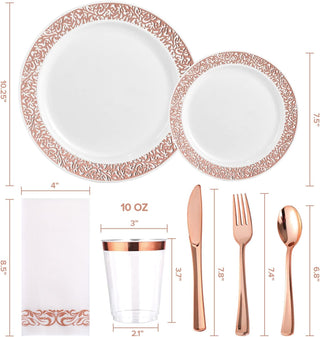 Rose Gold Lace Rim Round Plastic Dinnerware Set with Napkin- Gathering & Events - Focusline