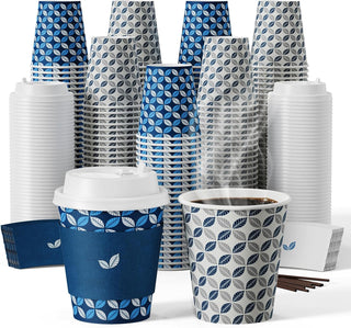 Multiple Size Blue & Grey Leaf Pattern Paper Coffee Cups With Lids & Sleeves & Stirrers - Office & Cafe - Jolly Chef