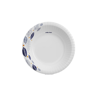 Jolly Chef paper plate with blue and gray leaf design.