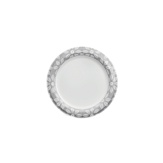 Gray and white patterned paper plate, top-down view.