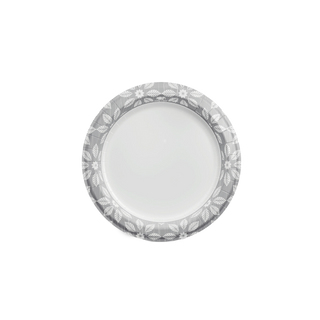 Gray and white floral patterned paper plate, top-down view.