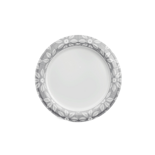 Gray and white paper plate with a floral pattern, ready for a party.