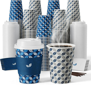 Multiple Size Blue & Grey Leaf Pattern Paper Coffee Cups With Lids & Sleeves & Stirrers - Office & Cafe - Jolly Chef