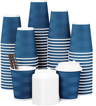 12oz/ 16oz Blue Ripple Wall Paper Coffee Cups with Lids & Stirrers - Hot/Cold Drinking & Office - Jolly Chef