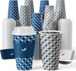 Multiple Size Blue & Grey Leaf Pattern Paper Coffee Cups With Lids & Sleeves & Stirrers - Office & Cafe - Jolly Chef
