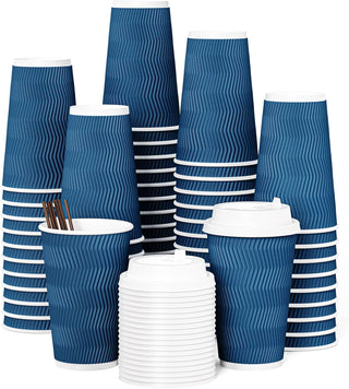 12oz/ 16oz Blue Ripple Wall Paper Coffee Cups with Lids & Stirrers - Hot/Cold Drinking & Office - Jolly Chef