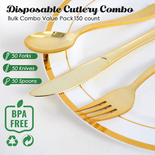 JOLLY CHEF 150 Count Gold Plastic Silverware Set - 50 Forks, 50 Knives, 50 Spoons - Heavy Duty Plastic Cutlery Set Disposable Flatware - JOLLYCHEF