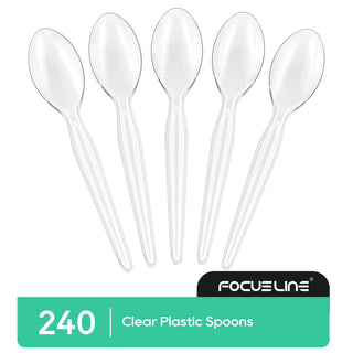 FOCUSLINE 240 Count 6.2 Inch Clear Plastic Spoons Heavy Duty, Solid and Durable Premium Disposable Spoons Bulk, Suitable for Catering, Parties, Events and Everyday Use - JOLLYCHEF