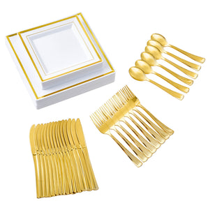 Assiettes carrées en plastique doré, service de table pour mariages et fêtes