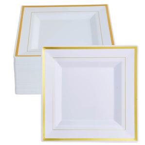 Assiettes carrées en plastique blanc avec bord doré élégant pour fête