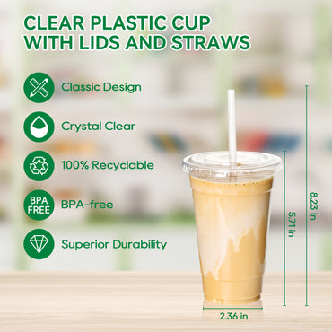 Clear plastic cup with a straw, featuring labels for its design, recyclability, BPA-free status, and durability on a wooden table.
