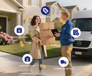 Woman receiving subscription boxes from delivery driver. "Cancel Anytime," "Save 15%," "Full Control.