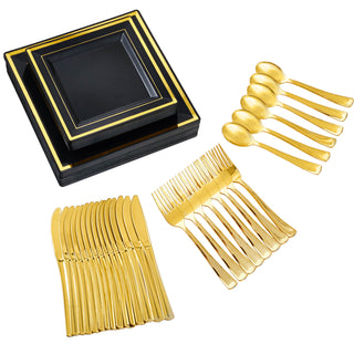 Jolly Chef Gold&Silver Rim Black&White Square Plastic Plates & Flatwares(25 sets) and an array of golden cutlery: forks, knives, and spoons.