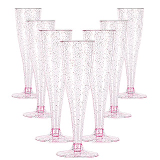 A set of eight elegant, Purple Glitter Plastic Champagne Flutes with a glittery pattern and pink rims, arranged in two rows.