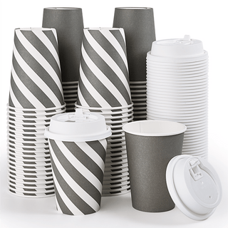 Multiple Size Gray Stripe Paper Coffee Cups With Lids - Office & Cafe - Jolly Chef - JOLLYCHEF