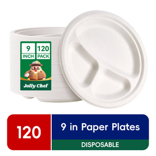 JOLLY CHEF 120 Pack Compostable 3 Compartment Plates, Heavy - Duty Disposable Biodegradable Paper Plates, 9 inch Eco - Friendly Sugarcane Bagasse Divided Plates for Dinner - JOLLYCHEF