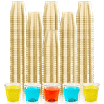 Gold glitter plastic cups in 1oz, 5oz, and 9oz sizes, some filled with colorful drinks.