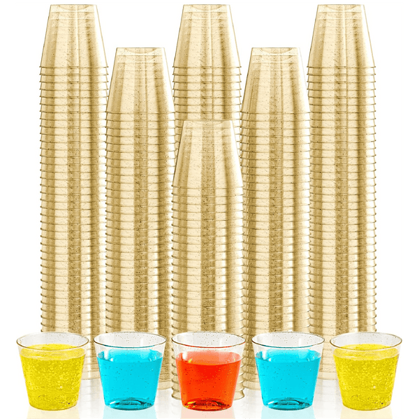 1oz/5oz Bulk Case Glitter Cups | Plastic Tumblers for Whiskey, Tequila | Safe to Use | Restaurant Supply