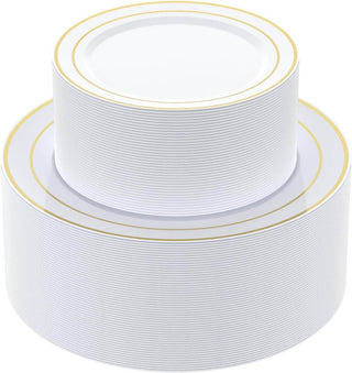 A stack of elegant Jolly Chef Gold Rim Plastic Plates(51 sets) , featuring a textured, ribbed design.