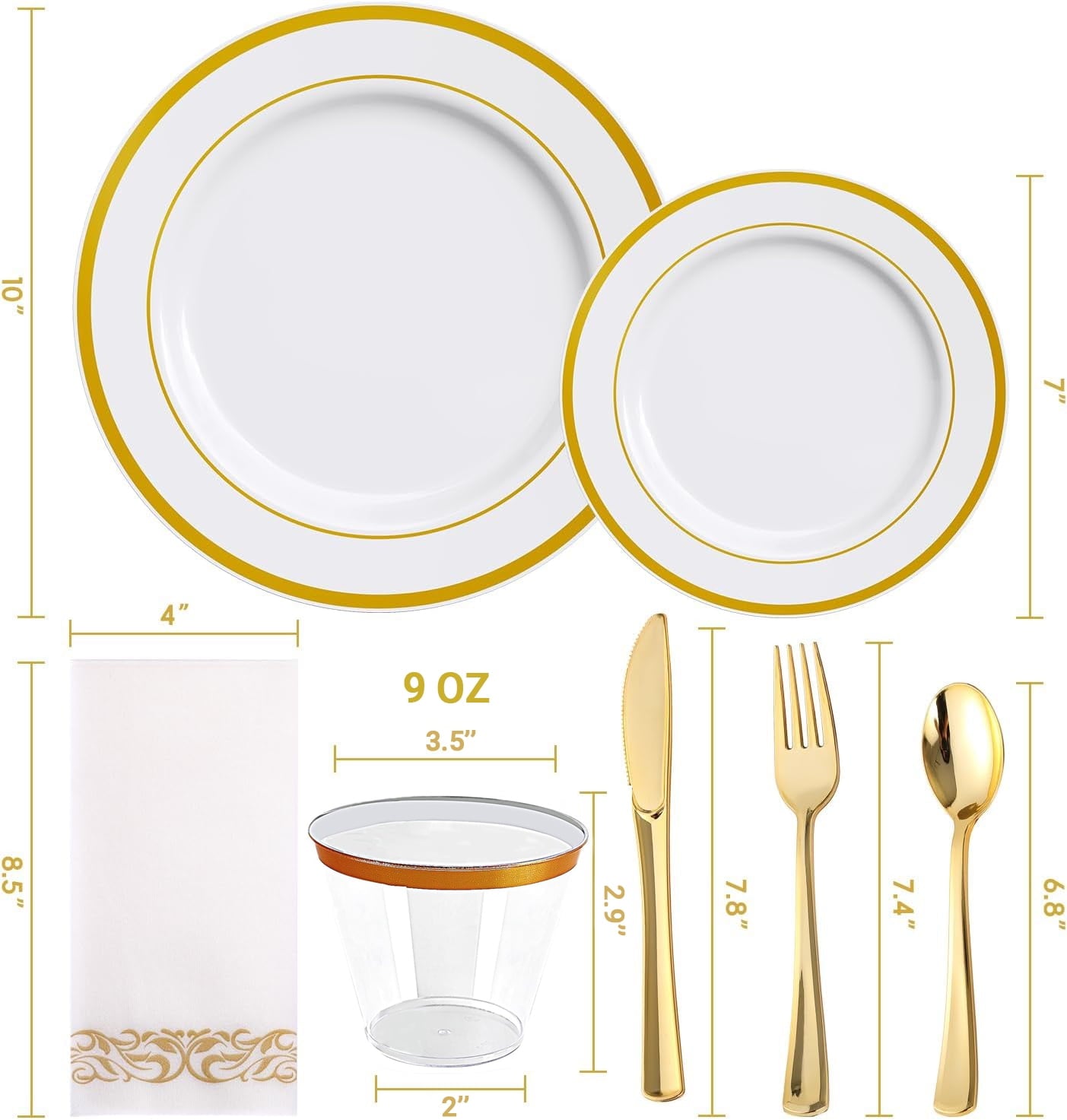 JOLLY CHEF 320 Piece Gold Rim Disposable Plastic Plates Dinnerware Sets,45 Guests