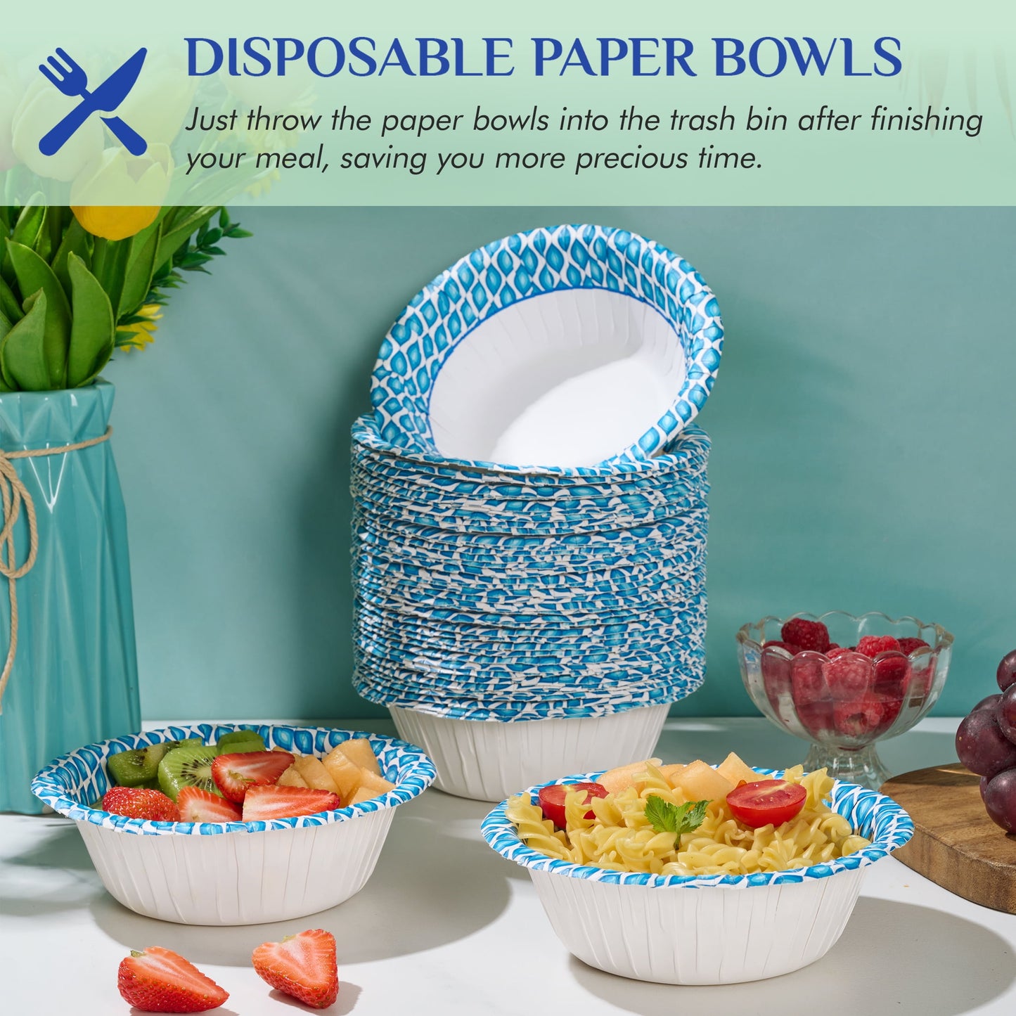 JOLLY CHEF Disposable Paper Bowls 20 oz,150 Count,Printed Soak Proof Large Bowls for Breakfast, Lunch, and Dinner Meals