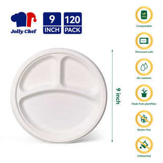 JOLLY CHEF 120 Pack Compostable 3 Compartment Plates, Heavy - Duty Disposable Biodegradable Paper Plates, 9 inch Eco - Friendly Sugarcane Bagasse Divided Plates for Dinner - JOLLYCHEF