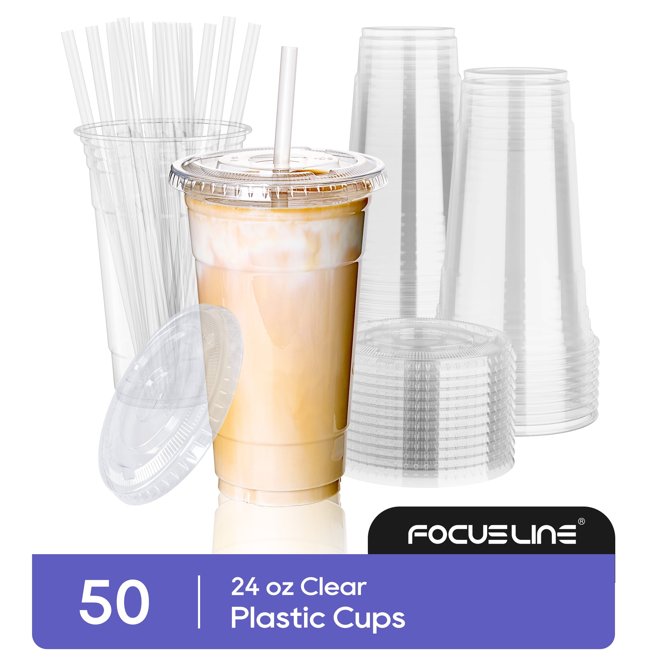 A set of 50 clear plastic cups with lids and straws, featuring a drink, showcasing their 24 oz size, ideal for beverages.