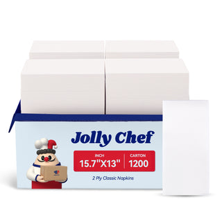 A pack of Jolly Chef 2 - Ply Classic Napkins (15.7"X13"), 1200 per carton, showcasing stacked napkin packs and a single napkin.
